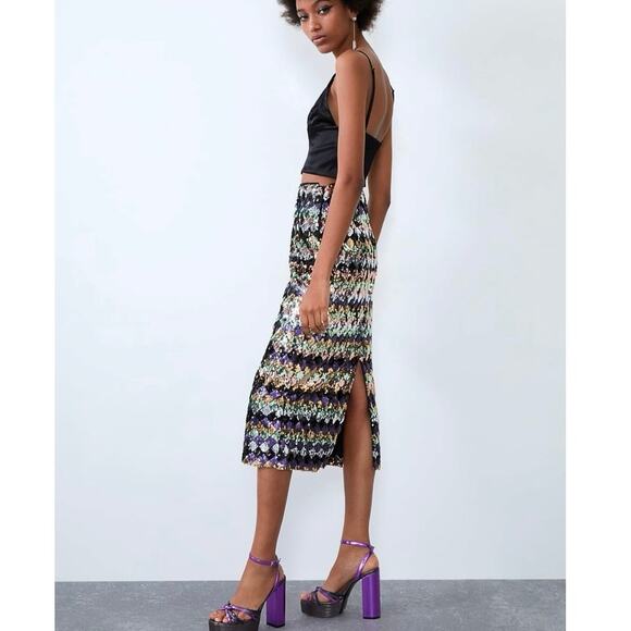 Zara Sequin Glitter Metallic Multicolor Striped Diamond Slit Midi Skirt Size M - Picture 1 of 11